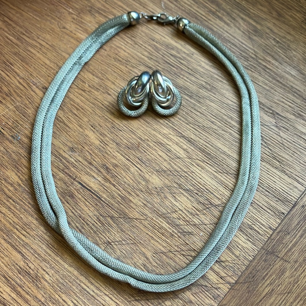 Vintage Silver Double Snake Chain  Mesh‎ Necklace with Knot Earrings Set